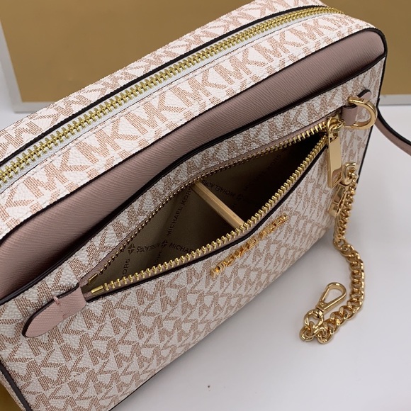 MICHAEL KORS LARGE EAST WEST ZIP CHAIN XBODY OPTIC WHITE ROSE GOLD COLOR - Picture 13 of 16